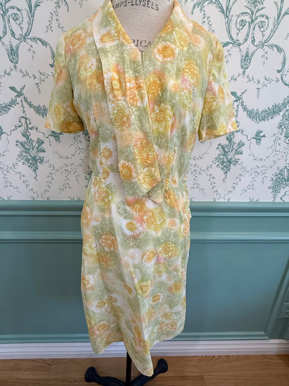 Vintage 70s Floral Day Dress Sony Pictures Studio Costume Yellow Green - S / M